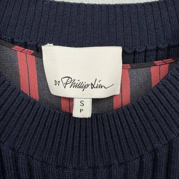 3.1 Phillip Lim Navy Wool Blend Knit Maroon Stripe Silk Layering Sweater Top - Picture 10 of 12